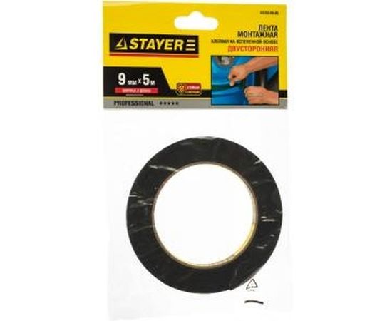 Лента PROFI клейкая монтажная на вспененной основе (5 м; 9 мм; черная) STAYER 12233-09-05 – изображение 4