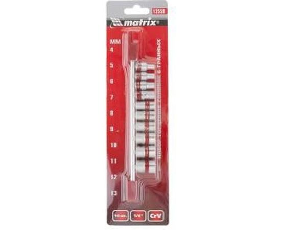Набор торцевых головок 1/4, 6-ти гр., CrV, 10шт., 4-13мм MATRIX 13559 – изображение 3