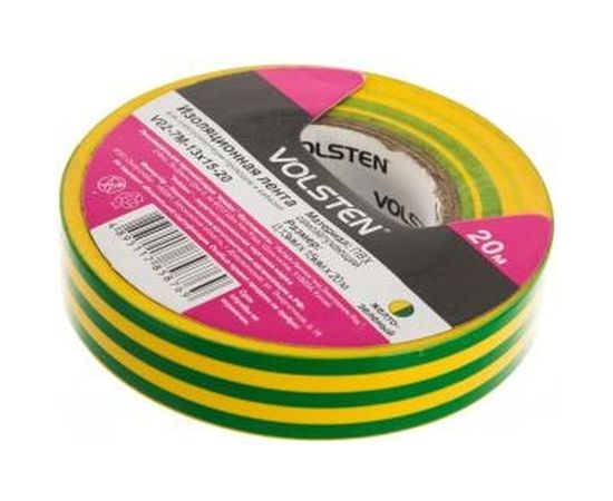 Изолента Volsten V02-7M-13х15-20 0,13х15 мм, желто-зеленая, 20 метров 9792 