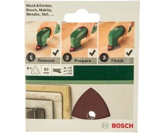 Набор шлифлистов 6 шт. для дельташлифмашин по дереву (93 мм; К60/120/240) Bosch 2609256A54 – изображение 2