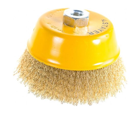 Щетка чашечная PROFESSIONAL (125 мм; М14; витая латунированная проволока 0.3 мм) для УШМ STAYER 35125-125 – изображение 6