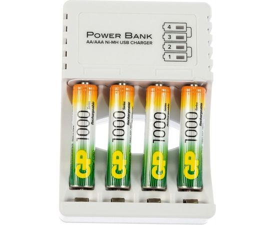 Перезаряжаемые аккумуляторы GP 100AAAHC AAA 4шт и зарядное устройство с USB кабелем 100AAAHC/CPB-2CR4 