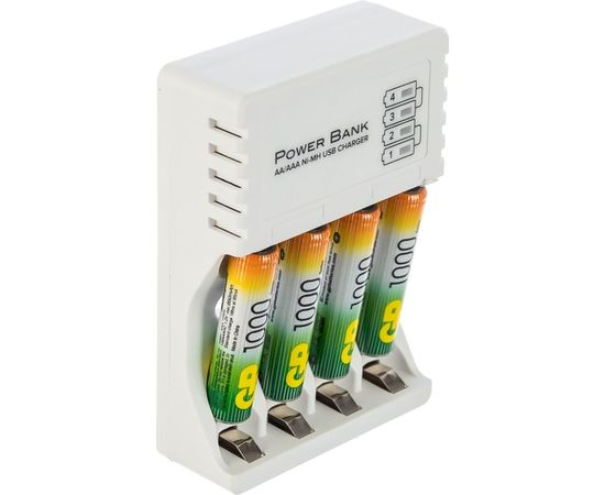 Перезаряжаемые аккумуляторы GP 100AAAHC AAA 4шт и зарядное устройство с USB кабелем 100AAAHC/CPB-2CR4 – изображение 2