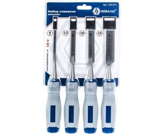 Набор плоских стамесок: 6, 12, 18, 24мм, длина 140мм, CR-V, двухкомпонентные рукоятки, 4шт КОБАЛЬТ 245-671 – изображение 3