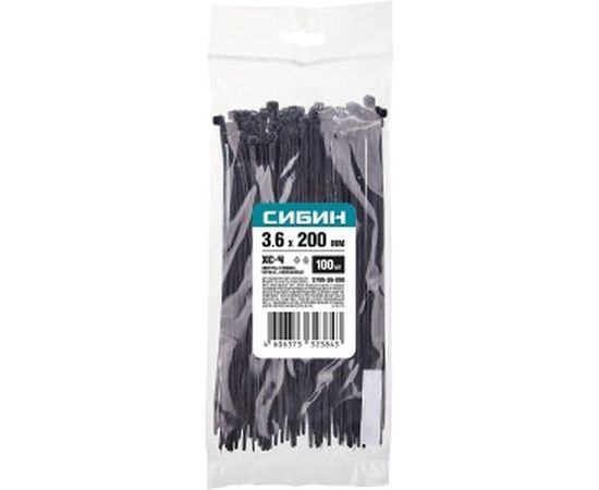 Хомуты-стяжки СИБИН черные ХС-Ч, 3.6 х 200 мм, 100 шт, нейлоновые, 3788-36-200 – изображение 2