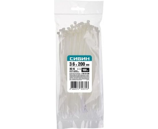 Хомуты-стяжки СИБИН белые ХС-Б, 3.6 х 200 мм, 100 шт, нейлоновые, 3786-36-200 – изображение 2