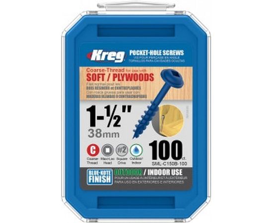 Шурупы Kreg с крупным шагом Blue?Kote 1-1/2" 38 мм 100 шт. SML-C150B-100-INT – изображение 2