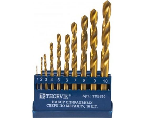 Набор спиральных сверл по металлу HSS TiN в пластиковом кейсе TDBS10 (10 шт; 1-10 мм) Thorvik 52479 