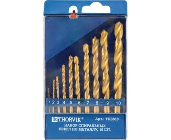 Набор спиральных сверл по металлу HSS TiN в пластиковом кейсе TDBS10 (10 шт; 1-10 мм) Thorvik 52479 – изображение 2