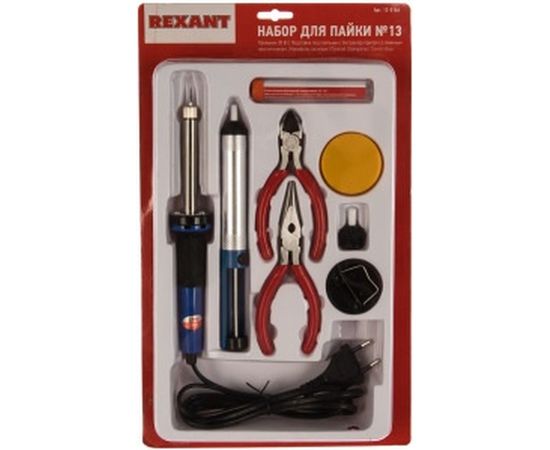 Набор для пайки №13: паяльник 30Вт, подставка, канифоль, припой, бокорезы, тонкогубцы REXANT TL-1013 12-0166 