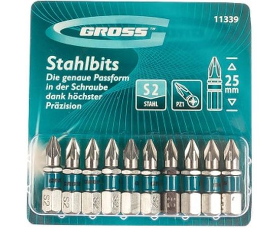 Набор бит (сталь S2; PZ 1х25 мм; 10 шт.) GROSS 11339 – изображение 2