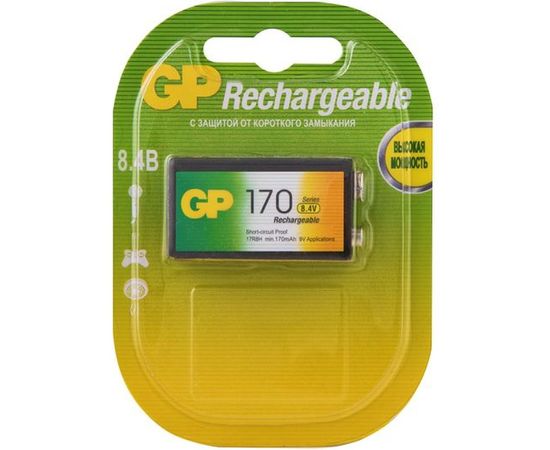 Перезаряжаемые аккумуляторы GP 17R8H 9V Крона, емкость 170 мАч - 1 шт. в блистере 17R8H-2CRU 