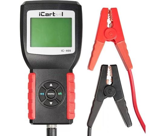 Тестер аккумуляторных батарей iCartool IC-400, АКБ 12/24В, до 2000А, тест системы пуска и зарядки, вольтметр, съемные кабеля 