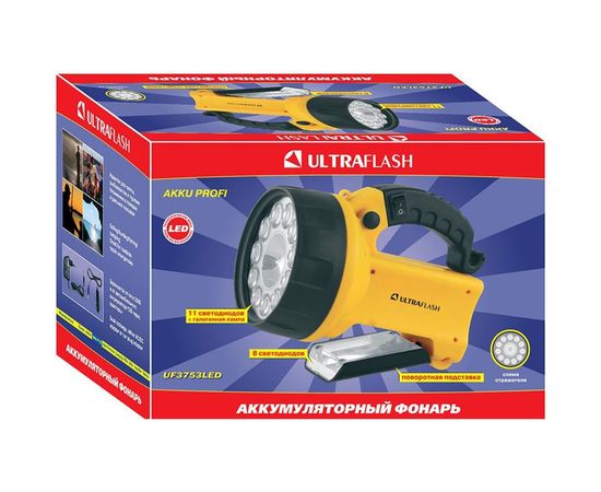 Аккумуляторный фонарь Ultraflash UF3753LED 220В/12В, желтый, 11 LED+ галог, 4В 2Ач, пластик, коробка 8311 – изображение 2