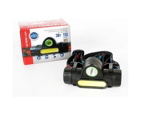 Светодиодный комбинированный аккумуляторный налобный фонарь Ultraflash E1340 3,7В, черный, XPE + COB LED, 3 Ватт, 2 реж., магнит, бокс 14268 – изображение 2