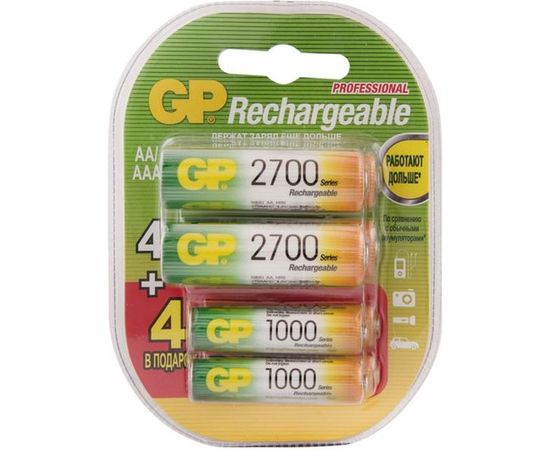Перезаряжаемые аккумуляторы GP емкость 2700 мАч - 4шт + 1000 мАч - 4шт. 270AA/100AAAHCFR-2CR8 