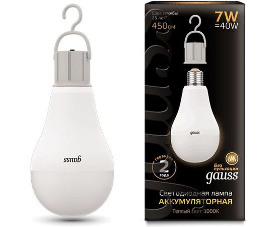 Лампа Gauss LED A60 7W E27 450lm 3000K с Li-Ion аккумулятором 102402107 