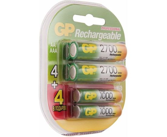 Перезаряжаемые аккумуляторы GP емкость 2700 мАч - 4шт + 1000 мАч - 4шт. 270AA/100AAAHCFR-2CR8 – изображение 3