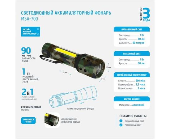 Аккумуляторный светодиодный фонарь ФОТОН MSA-700, камуфляж 24226 – изображение 2