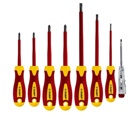 Набор диэлектрических отверток Зубр ПРОФЕССИОНАЛ 1000 В,SL 3, 5, 6 / PH 1, 2 / PZ 1, 2, тестер 100-250 В, в кейсе, 8 предметов 25268 