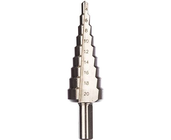 Сверло МАСТЕР ступенчатое по сталям и цветным металлам (4-20 мм; 9 ступеней; L75 мм; 3-х гран.хв. 8 мм) Зубр 29665-4-20-9 