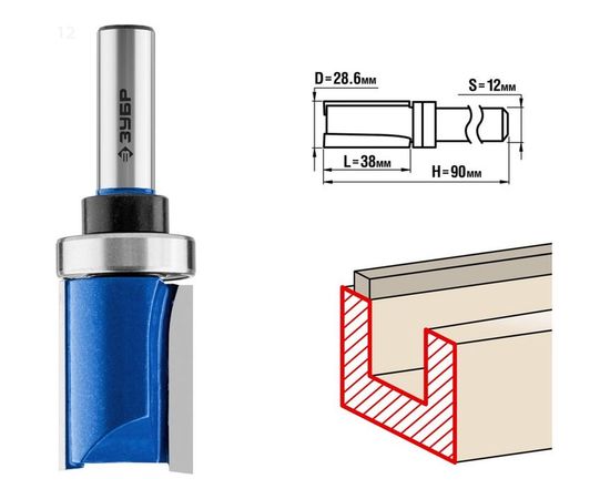 Фреза пазовая прямая с верхним подшипником ПРОФЕССИОНАЛ (28.6х38х90 мм; хвостовик 12 мм) Зубр 28756-28.6-38-12 