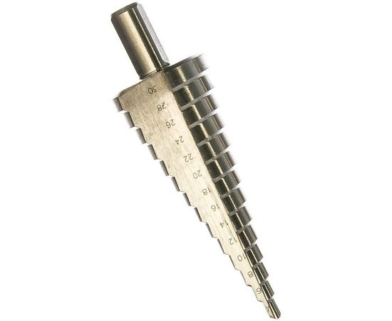 Сверло МАСТЕР ступенчатое по сталям и цветным металлам (4-30 мм; 14 ступеней; L100 мм; 3-х гран.хв.10 мм) Зубр 29665-4-30-14 