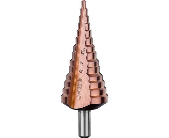 Сверло ступенчатое по сталям и цветным металлам КОБАЛЬТ (4-39 мм; 14 ступеней; Р6М5+Co) ЗУБР 29672-4-39-14_z01 