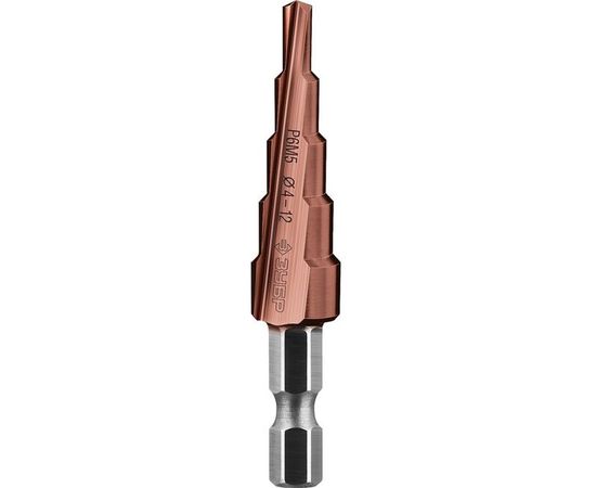 Сверло ступенчатое по сталям и цветным металлам КОБАЛЬТ (4-12 мм; 5 ступеней; Р6М5+Co) ЗУБР 29672-4-12-5_z01 