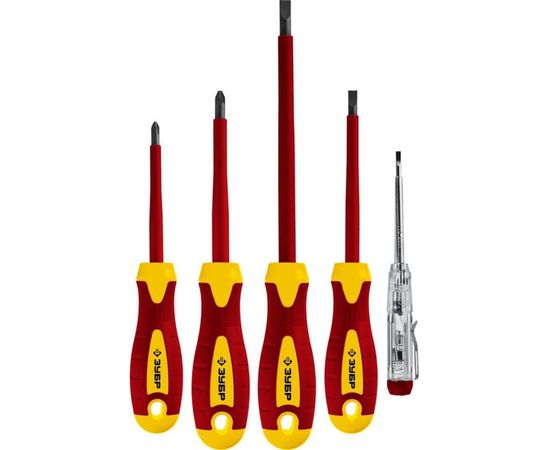 Набор диэлектрических отверток Зубр ПРОФЕССИОНАЛ 1000 В, SL 3, 5 / PH 1, 2, тестер 100-250 В, в коробке, 5 предметов 25265 
