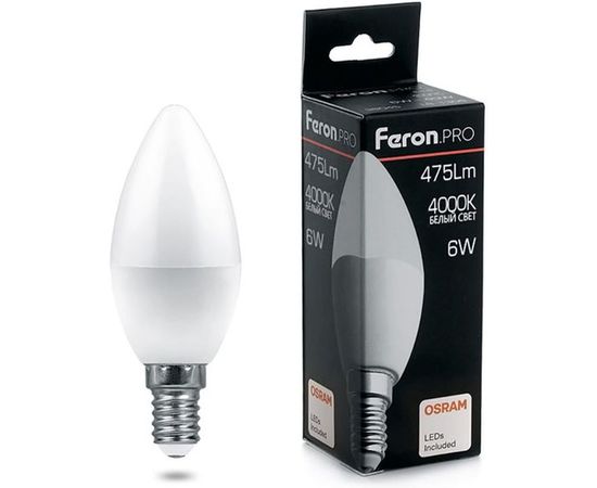 Светодиодная лампа FERON PRO LB-1306 Свеча E14 6W 4000K OSRAM LED 38045 
