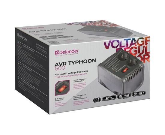 Стабилизатор напряжения Defender AVR Typhoon 600 200 Вт, 2 розетки 99032 – изображение 2