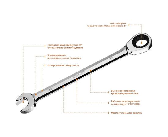 Комбинированный гаечный трещоточный ключ Зубр ПРОФИ 27074-30 – изображение 3