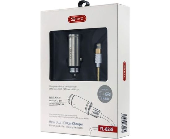 Автомобильное зарядное устройство BYZ 2хUSB-А, 2.4 А, кабель AM-8pin, серебро 23750-YL-823Si – изображение 4