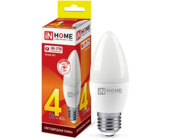 Светодиодная лампа IN HOME LED-СВЕЧА-VC 4Вт, 230В, Е27, 3000К, 360Лм 4690612030111 
