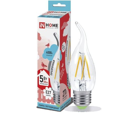 Светодиодная лампа IN HOME LED-СВЕЧА НА ВЕТРУ-deco 5Вт 230В Е27 4000К 450Лм прозрачная 4690612007656 – изображение 2