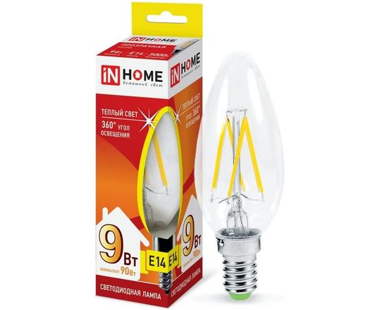 Светодиодная лампа IN HOME LED-СВЕЧА-deco 9Вт 230В Е14 3000К 810Лм прозрачная 4690612026183 – изображение 2