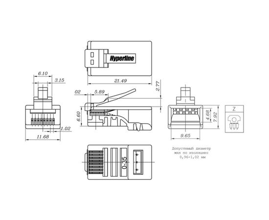 Разъем под витую пару Hyperline, PLUG-8P8C-U-C6-100, RJ-45, 8P8C, категория 6, 50 микродюймов, универсальный, для одножильного и многожильного кабеля, 100 шт, 49367 – изображение 5