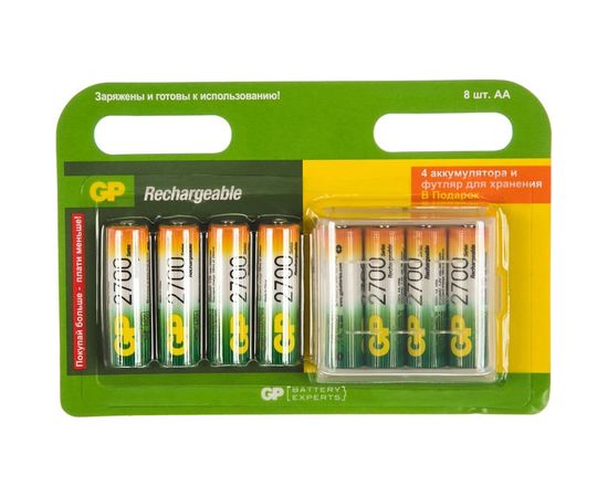 Перезаряжаемые аккумуляторы GP 270AAHC AA, емкость 2700 мАч - 8 шт. 270AAHC4/4-2CR8 