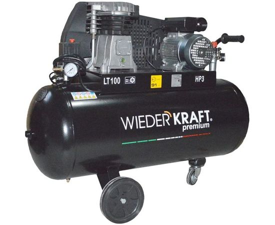 Масляный поршневой компрессор с ременным приводом WIEDERKRAFT 400 л/мин, ресивер 100л, WDK-91040 