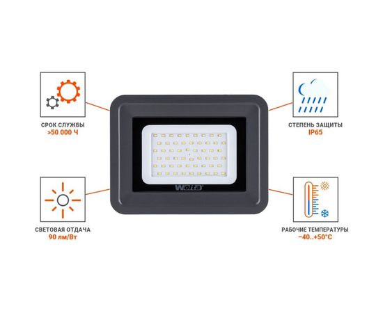 Светодиодный прожектор Wolta 5700K, 50 W SMD, IP 65, цвет серый, слим WFL-50W/06 – изображение 9