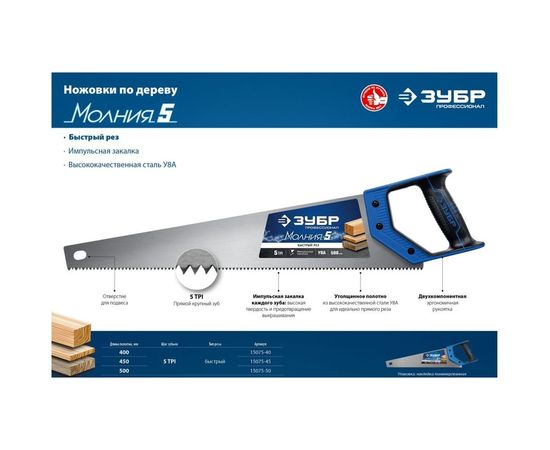 Ножовка по дереву Зубр МОЛНИЯ-5 450 мм, 5 TPI, 15075-45_z02 – изображение 6