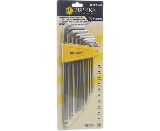 Набор шестигранных Г-образных экстра длинных ключей с шаром 1.5-10мм ЭВРИКА ER-15101XLB 