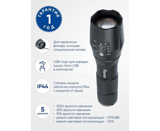 Ручной фонарь FERON с аккумулятором TH2400 USB ZOOM 137x40x40мм, алюминий 41682 – изображение 5