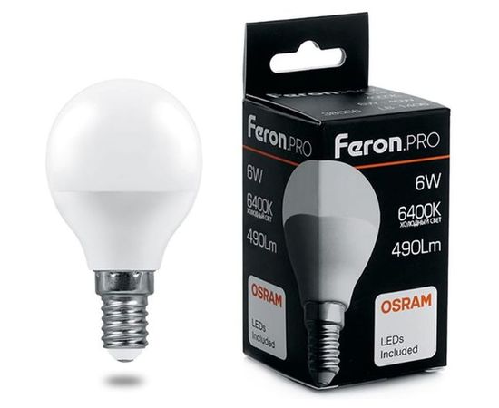 Светодиодная лампа FERON PRO LB-1406 Шарик E14 6W 6400K OSRAM LED 38067 
