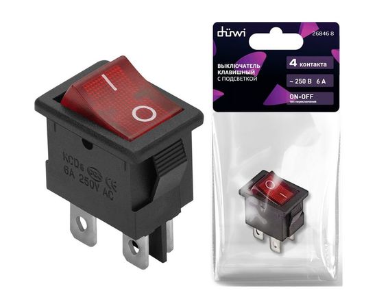 Клавишный выключатель duwi красный с подсветкой 4 контакта, 250В, 6А, тип RWB-207, SC-768, 26846 8 – изображение 2