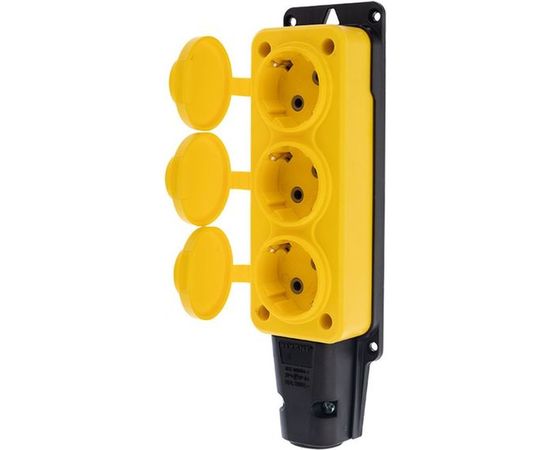 Трехместная розетка REXANT влагозащищенная, с заземлением, 16 А, IP54, каучук желтая 111-126 
