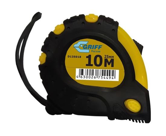 Рулетка 10мх25мм с 3 фиксаторами, в обрезиненном корпусе GRIFF d135018 