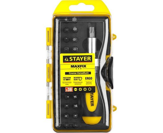 Реверсивная отвертка в наборе с битами STAYER 2557-H38, Cr-V сталь, 38 предметов 2557-H38 
