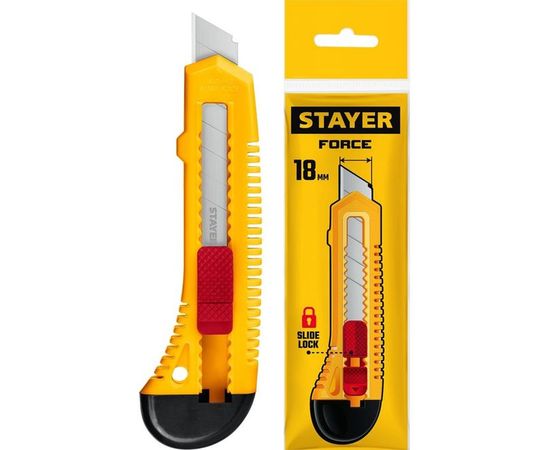 Упрочненный нож из АБС пластика со сдвижным фиксатором FORCE сегментированные лезвия 18 мм Stayer 0911_z01 